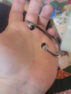 Sterling-Style Twisted Wire Cuff Bracelet with Black Stone